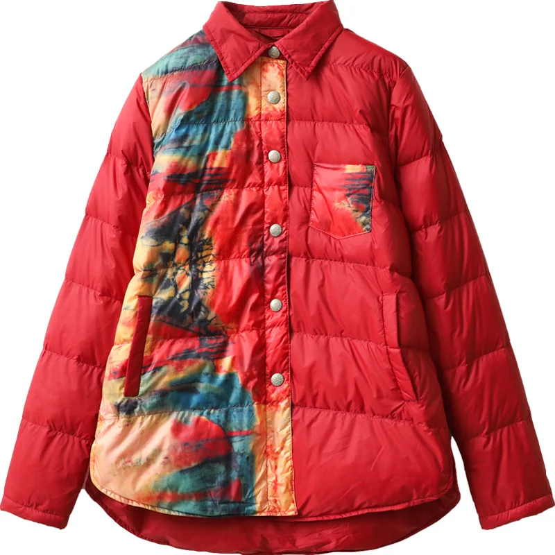 

Autumn retro style white duck down coat female light style printed warm down coats soft fluffy down jacket parkas F335