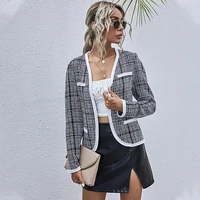 fashion cardigan jacket womens casual cardigan splicing lace check jacket ladies office commuter black top cardigan femme
