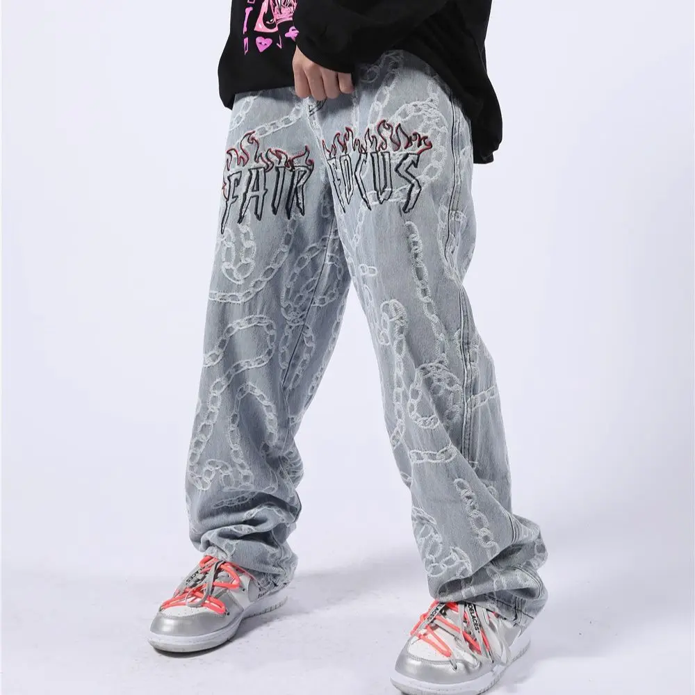 2021 Stylish Chain Jacquard Hip Hop Straight Men Baggy Jeans Trousers Dark Academia Style Casual Vintage Denim Pants Pantalones