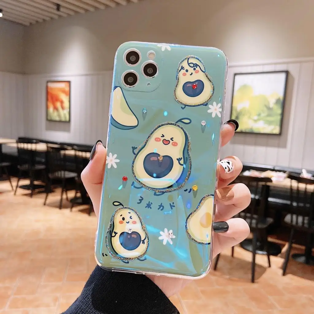 

Avocado Phone Case For iPhone 12 Pro Max 11 Xr Xs 7 8 Plus 12 Mini Cute Cartoon Protection Glazed Silicone Cover WIth Crystals