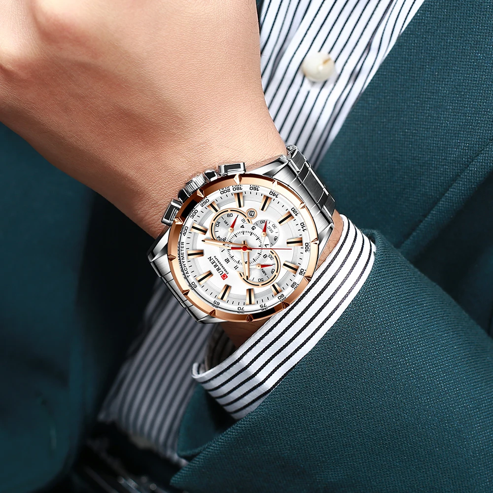 CURREN Mens Watch Quartz Top Brand Luxury Man Clock Silver Stainless Steel Golden Case 4 Dial Waterproof Calendar Wrist Watches | Наручные