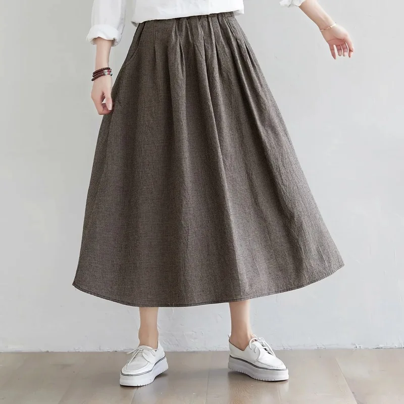 

Women's New Spring Autumn Art Style Skirts Fashion Chic Vintage High Waist Elastic Plaid 100% Cotton A-line Skirt for Student
