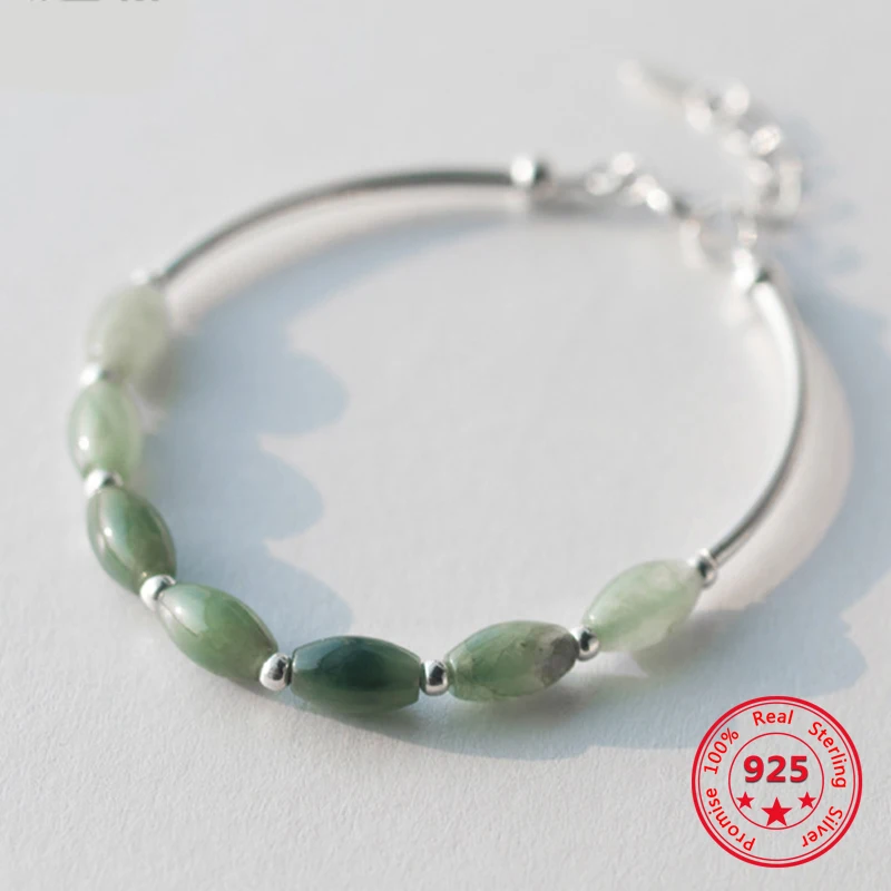 

100% Genuine 925 Sterling Silver Bracelets Female Natural Green Jade Oval Waterdrop Lucky Bead Charms Bracelet Jewelry