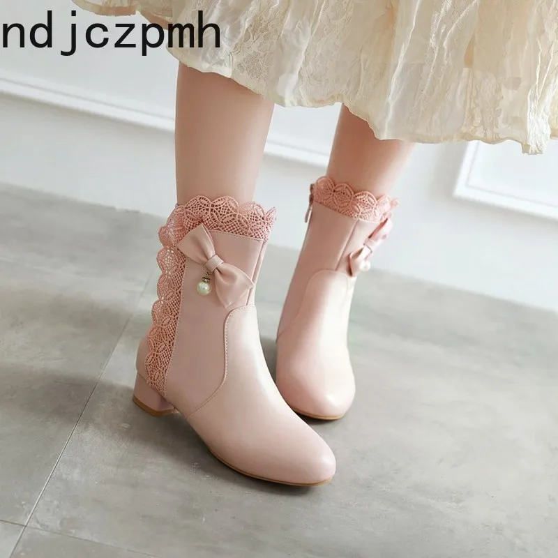 

Женские ботинки, новинка, Зимние Модные ботильоны на низком каблуке и молнии с бантом-бабочкой, женская обувь, высота каблука 28-43, 2,5 см