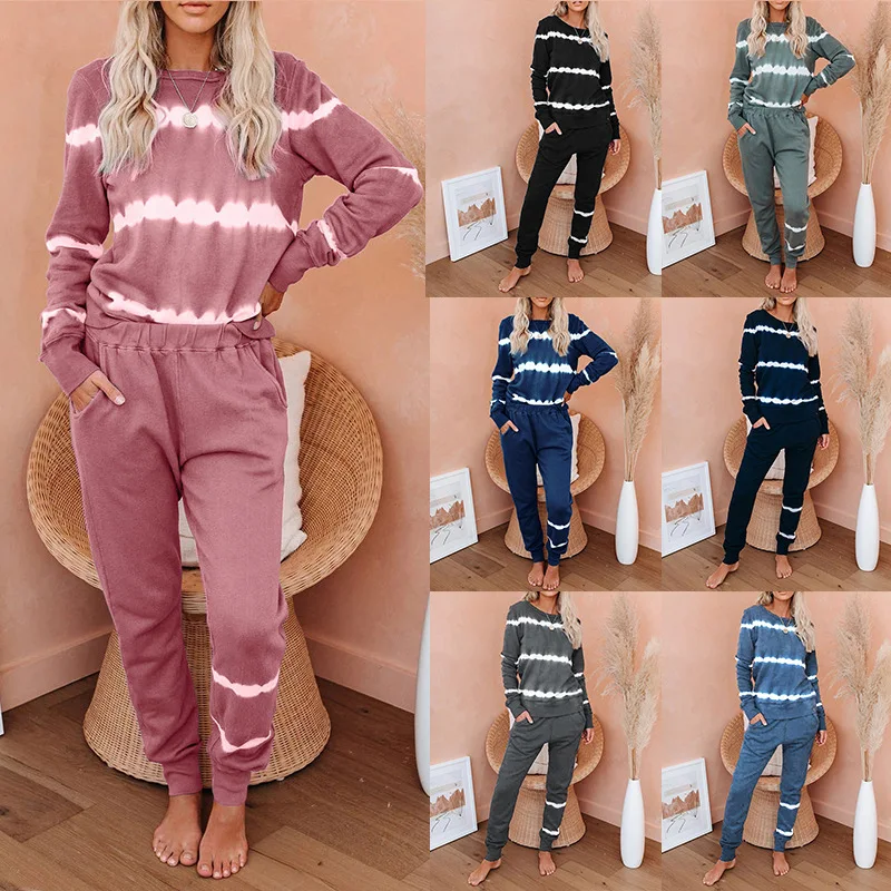 

SLPBELY Women's Pajamas Tie Dye Lounge Wear Stripe Sleepwear Long Sleeve Tops And Pants Euramerican Homewear Two Piece Home Suit