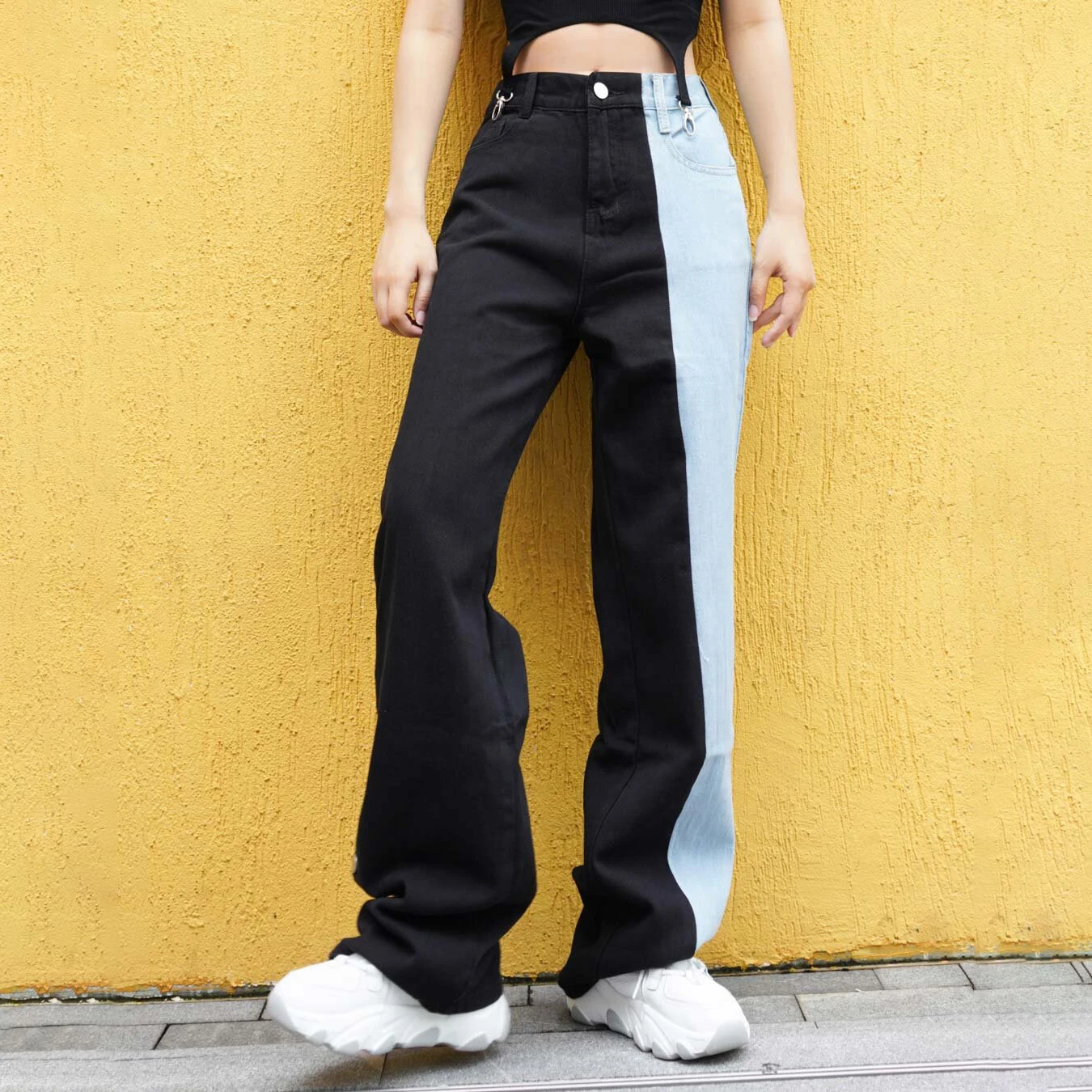 

Autumn Fashion Women's Colorblock Wide Leg Jeans Boyfriend Denim Jeans Cargo High Waist Baggy Streetwear Oversize Straight Pant