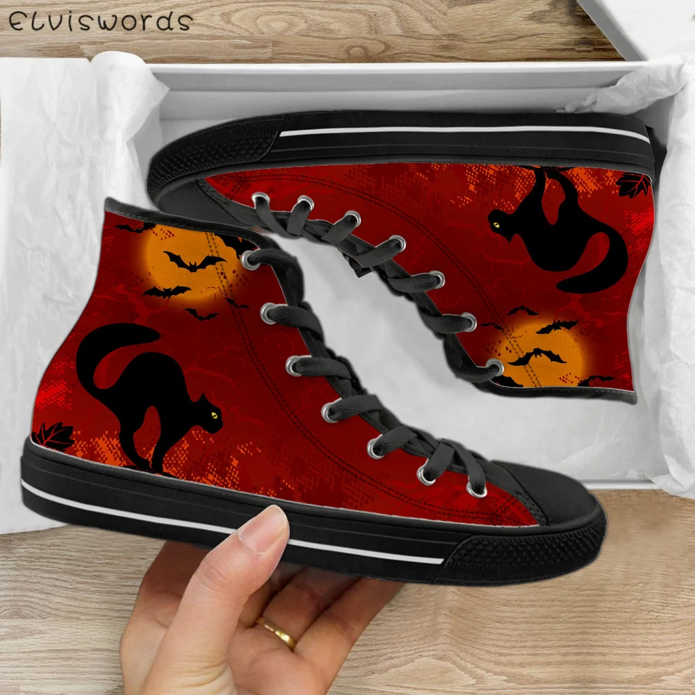 

ELVISWORDS Halloween Gifts Women Classic High Top Vulcanized Canvas Girls Flats Shoes Black Cat and Bat Printed Lace Up Sneakers