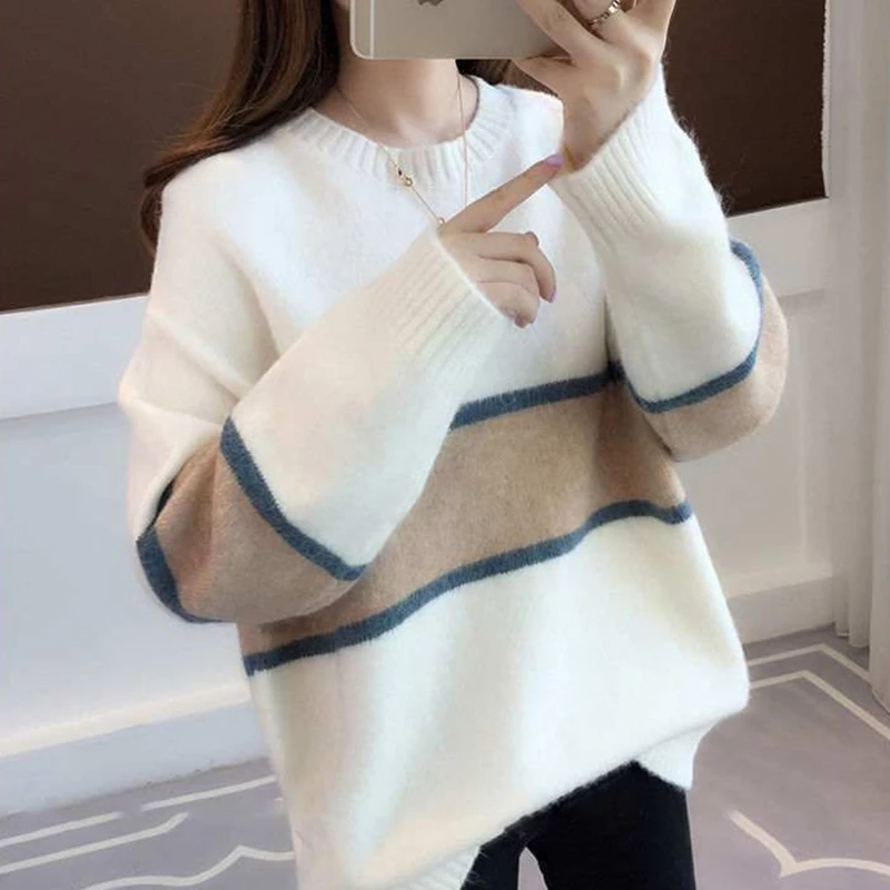 

Женский вязаный пуловер с длинным рукавом, Свободный Повседневный свитер контрастных цветов в Корейском стиле, Милый джемпер на осень и зим...