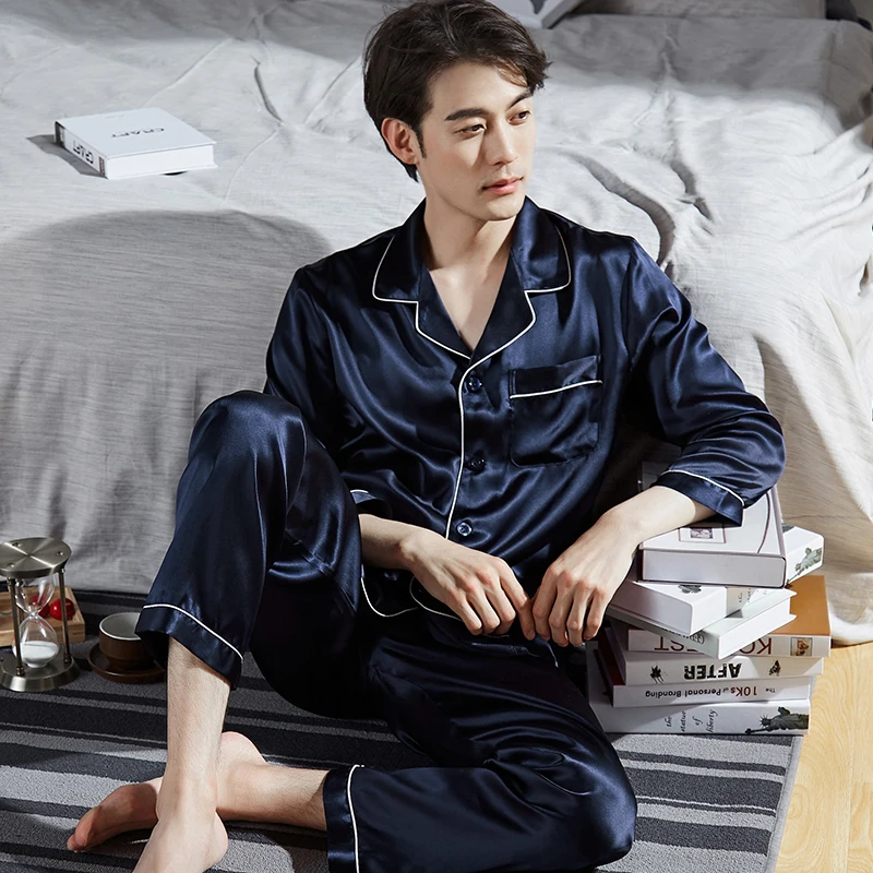 100% Real Silk Pijama for Men Lounge Sleepwear Pyjamas Solid Spring Bedgown Home Clothes Man PJs Hangzhou Pure Silk Pajamas Sets