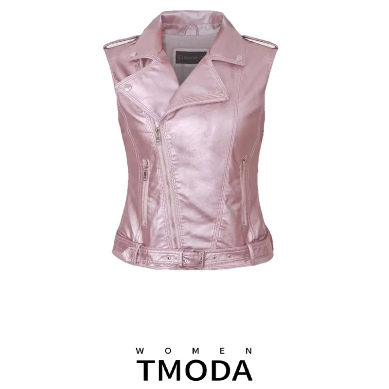 

Куртка-бомбер TMODA женская из искусственной кожи, модный жилет ярко-розового цвета, мотоциклетная верхняя одежда с поясом, весна-осень