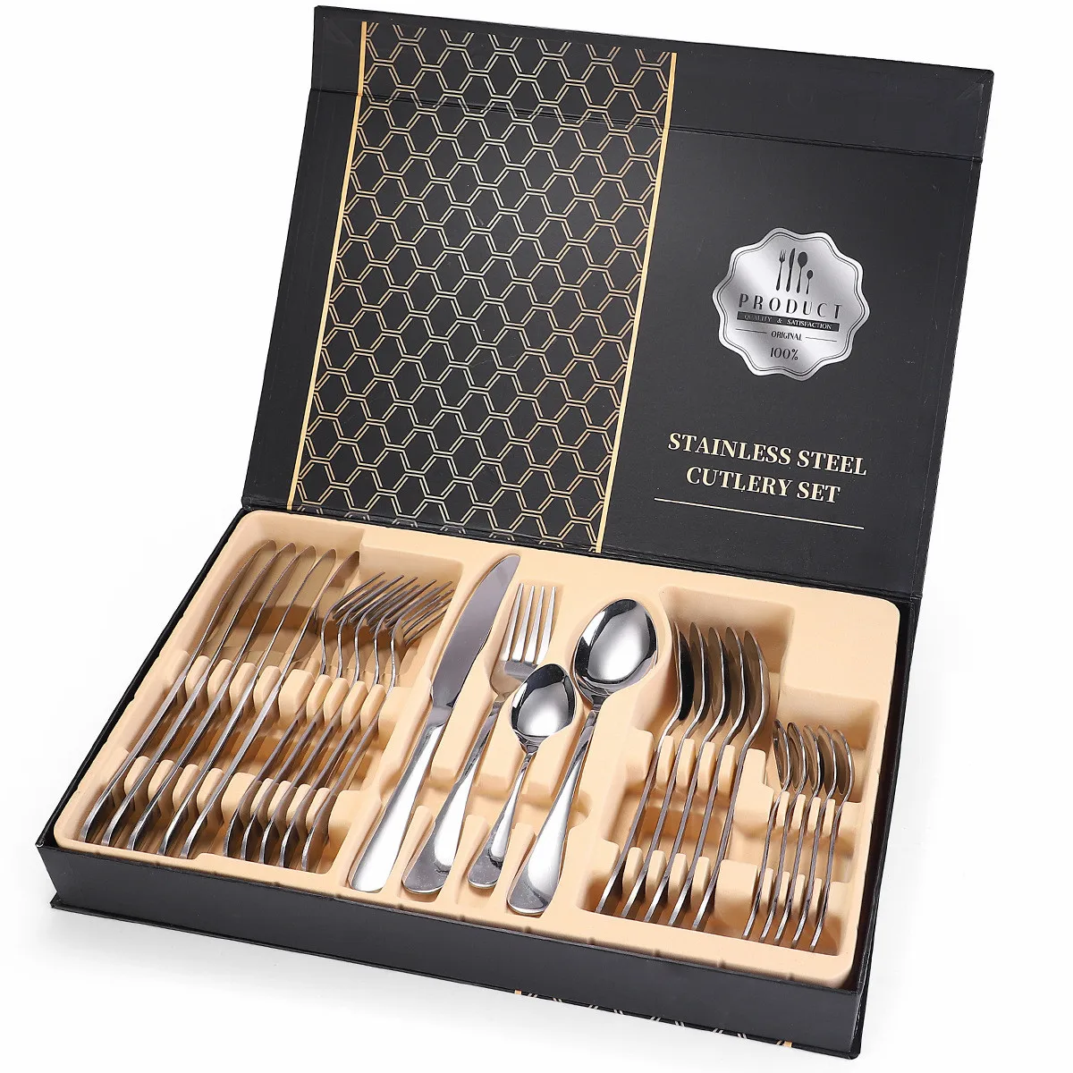 Gold Tableware Stainless Steel Cutlery Fork Spoons Knives Set Gold Cutlery Set Table Cutlery 24 Pieces with Case Dropshipping