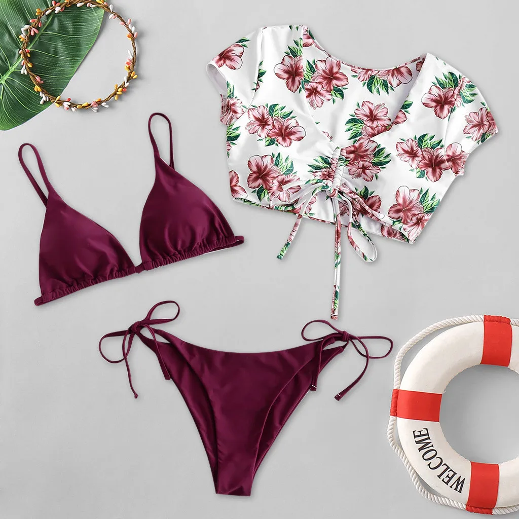 Женский сексуальный купальник бикини с принтом из трех частей пуш ап бюстгальтер