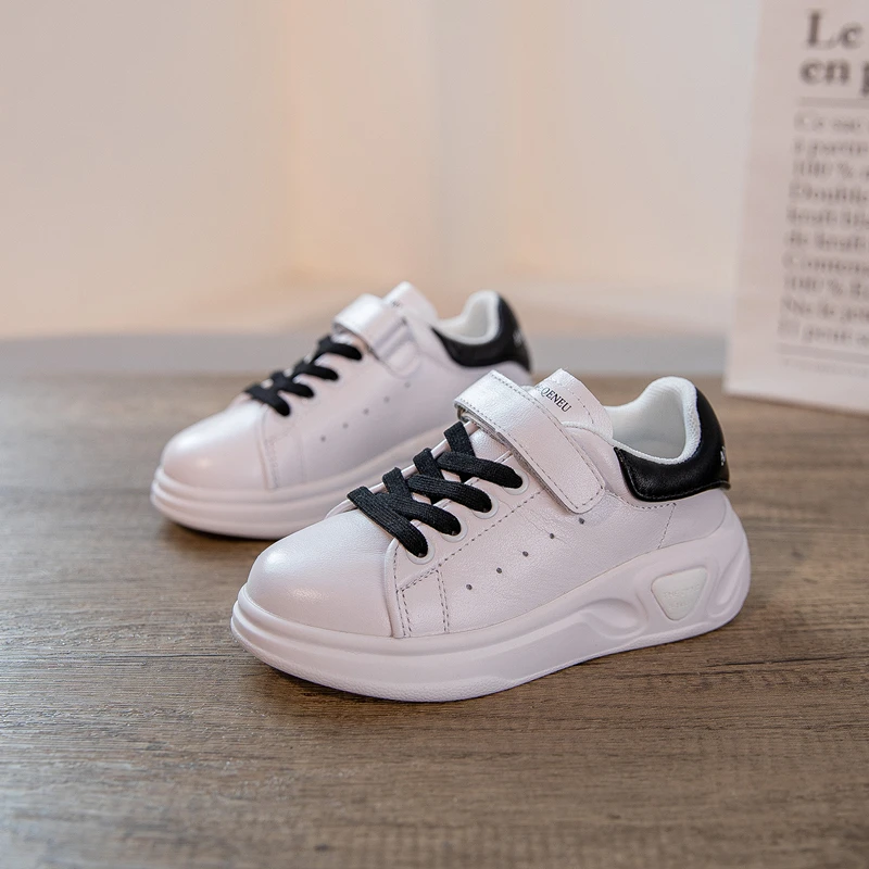 

New Spring Children Shoes Boys Girls Genuine Leather White Hook & Loop Sneakers Baby Student Non-Slip Kids Toddler Flats 033