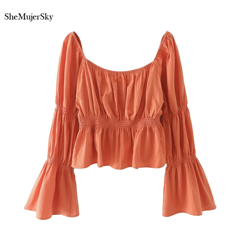 

SheMujerSky Women Long Sleeve Square Collar Blouses Elastic Waist Orange Color Cropped Tops 2021 blusas