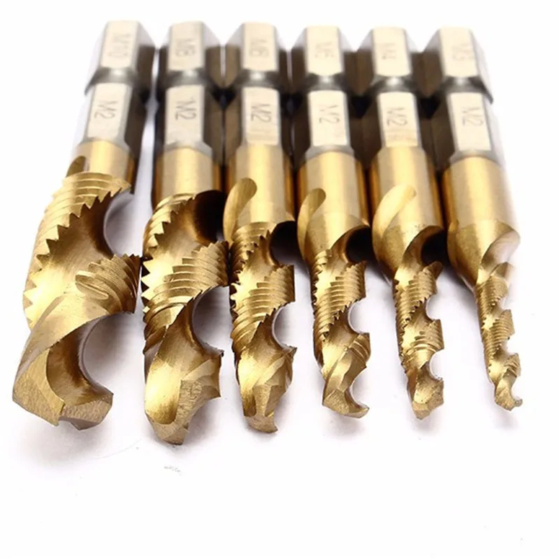 6pcs M3-M10 Combination Drill Screw Tap Bit Set 1/4'' Hex HSS 6542 Titanium Coated Thread Spiral Deburr Countersink Bits |