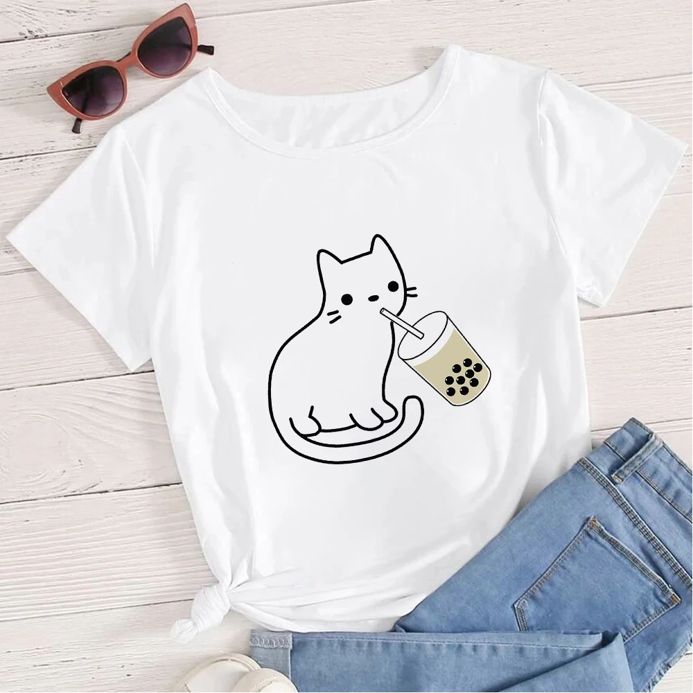 

Cat Drinking Milk Tea Printed t Shirts White Plus Size Fashion European Tops Tracksuit Short Sleeve Ropa Aesthetic Harajuku Cute