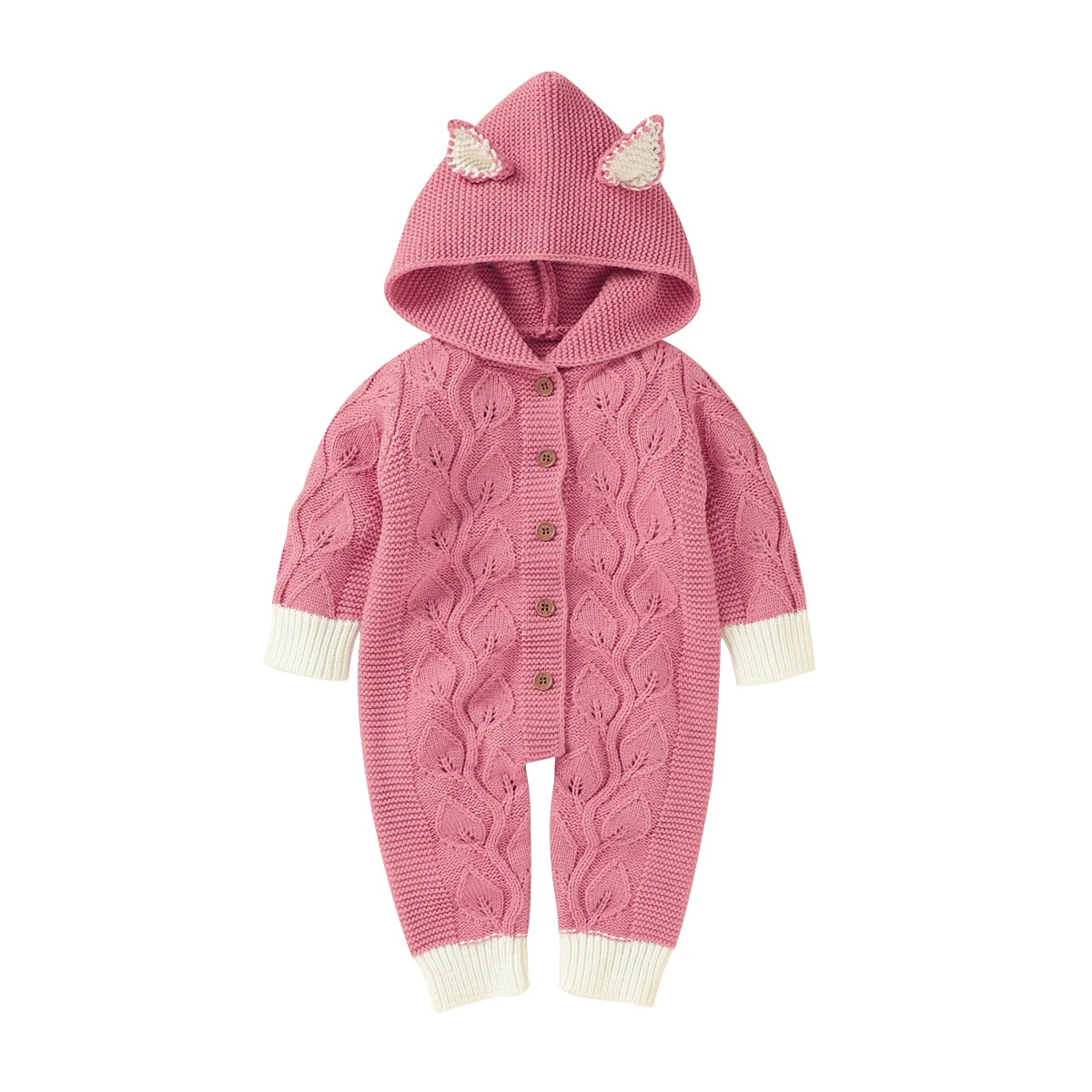 

2020 Infant Knitted Long Sleeve Jumpsuit, Solid Color Button Open Front Hooded Pink/ White/ Grey/ Green/ Camel