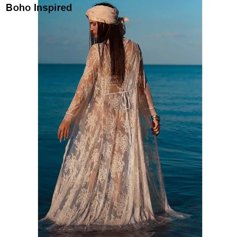 Богемный Вдохновленный Кружева Макси Туника Платье для пляжа сексуальное бикини