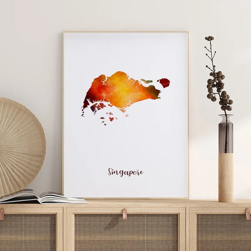 Карта Сингапура плакат настенный Декор печать подарок холст акварельный | Дом и