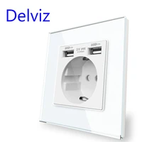 delviz eu standard usb socket tempered crystal glass panel whiteblack 5v 2100ma double usb household 16a wall power outlet