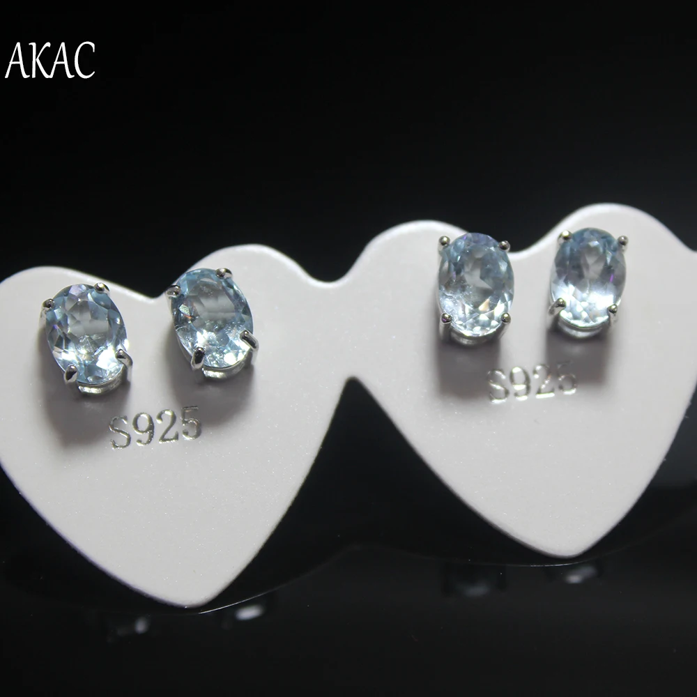 Серьги-гвоздики женские 4-5*6-7 мм с натуральным голубым топазом 5 пар | Украшения и