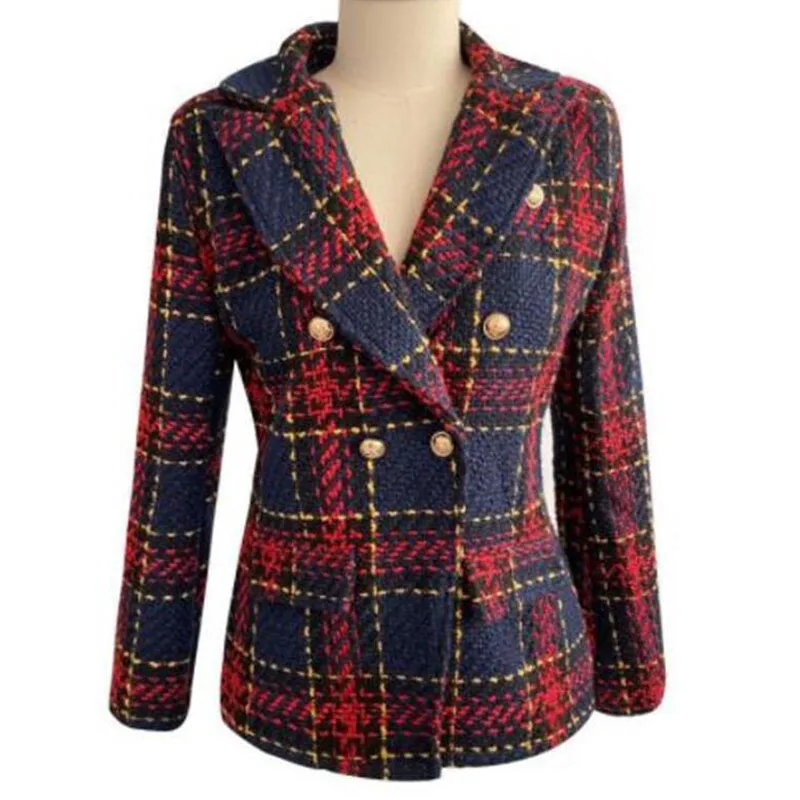 

Double Breasted Turn Down Collar Jacket Women Slim Fit Plaid Coat 2020 Winter Long Sleeve Outwear MX0109