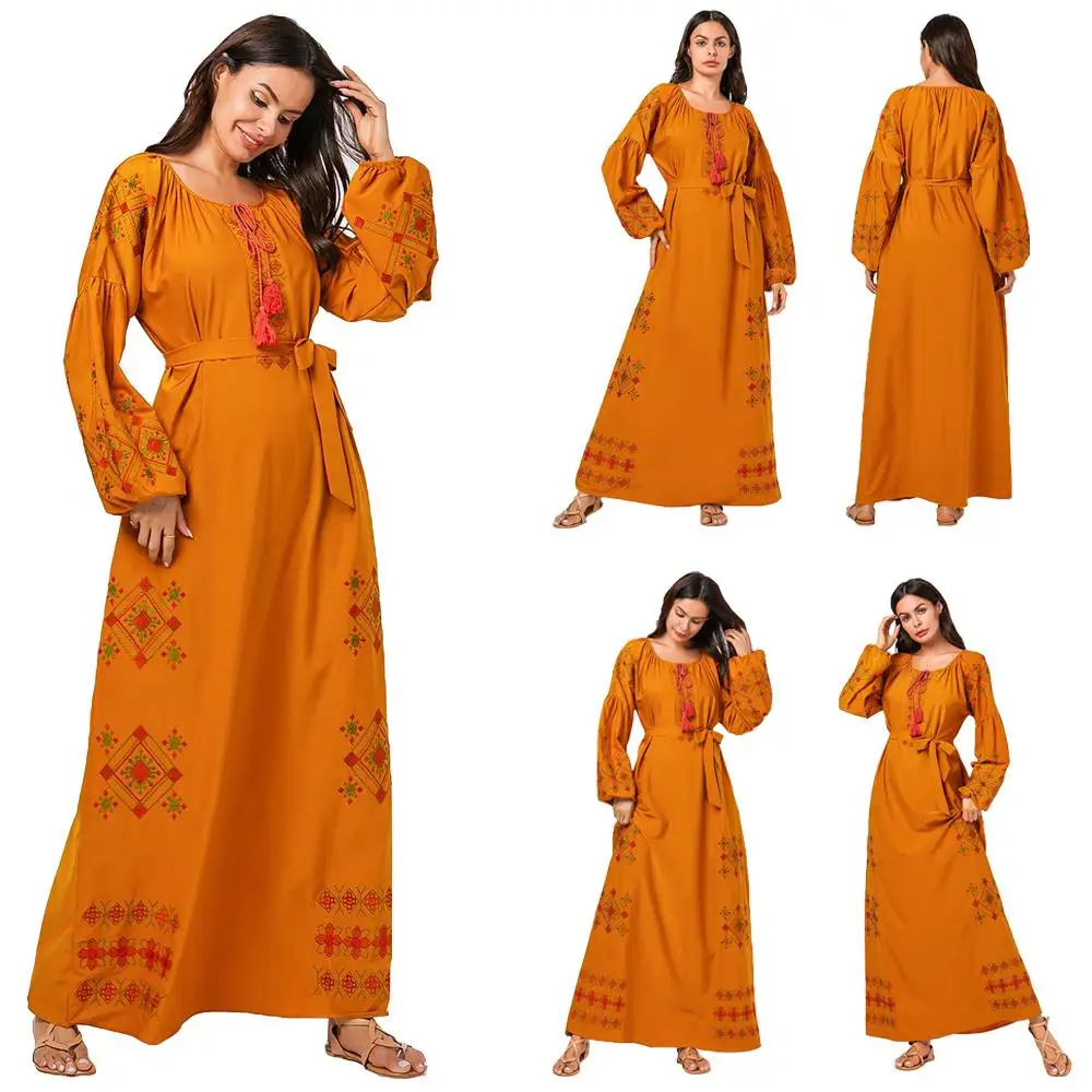 New Women Muslim Abaya Dress Embroidery Ethnic Loose Prayer Kaftan Islamic Robes Gown Arab O-neck Long Sleeve With Belt Fashion |