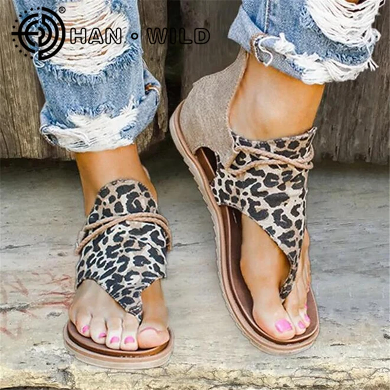 Сандалии женские с леопардовым принтом босоножки на плоской подошве