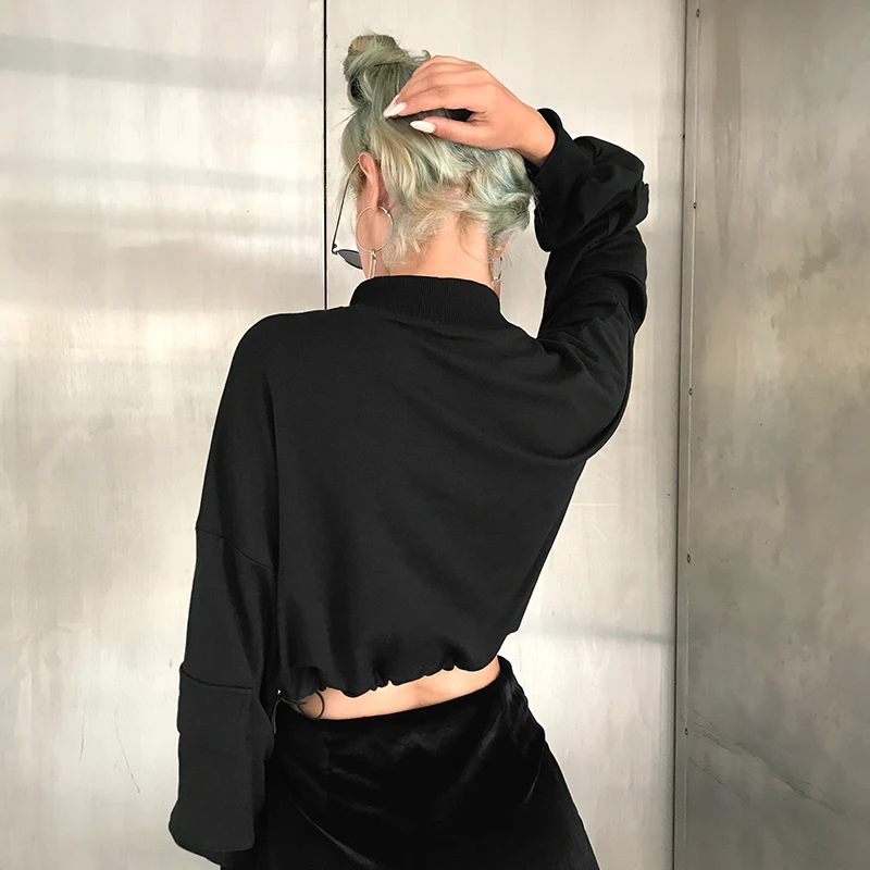 HEYounGIRL/Повседневный укороченный топ в китайском стиле; толстовки в стиле панк; Harajuku; черный пуловер; толстовка с капюшоном и карманом; карго; свитер с круглым вырезом; сезон осень