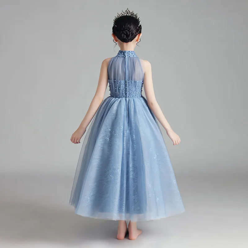 

Children girls Luxury O-Neck Collar Hand-made Beading Evening Party Host Piano Costumes Princess Fluffy Dress Kids Birthday Wear