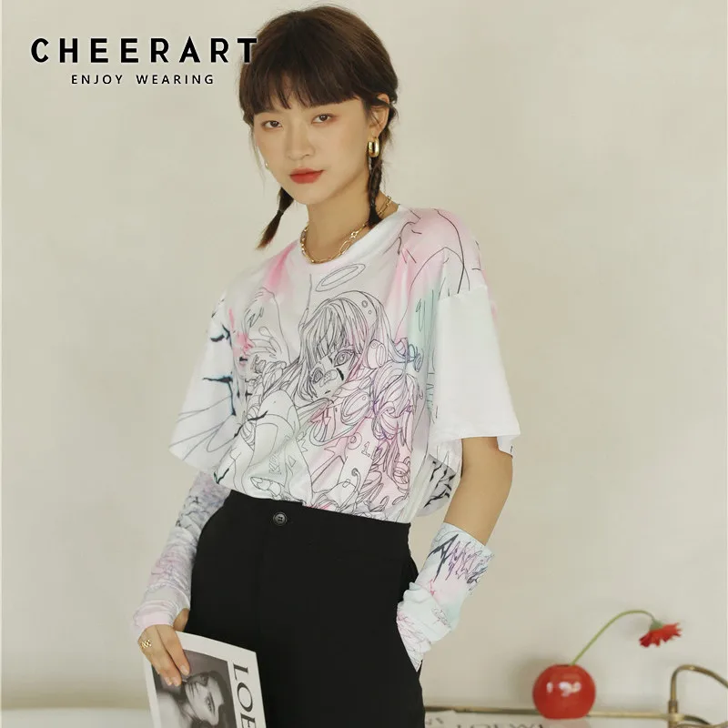 

CHEERART, футболка с аниме, женская футболка с мультяшным принтом, повседневный летний топ, дизайнерская футболка с коротким рукавом, женская мо...