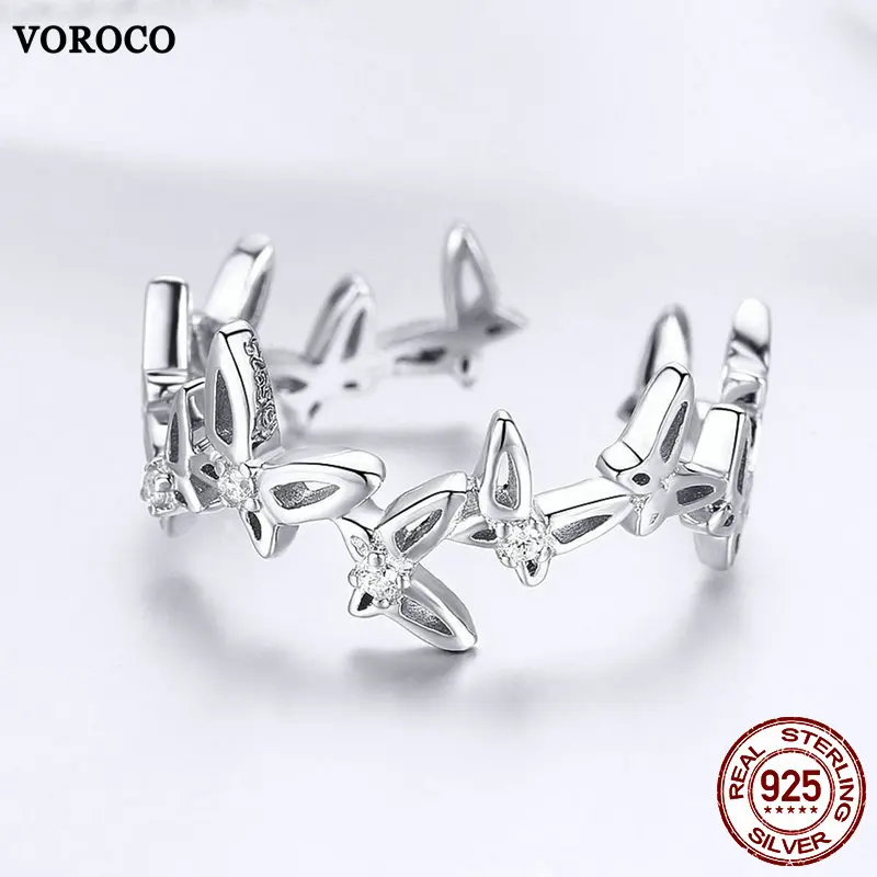 VOROCO 100% Настоящее серебро 925 пробы кольца с бабочкой для женщин Свадебная помолвка