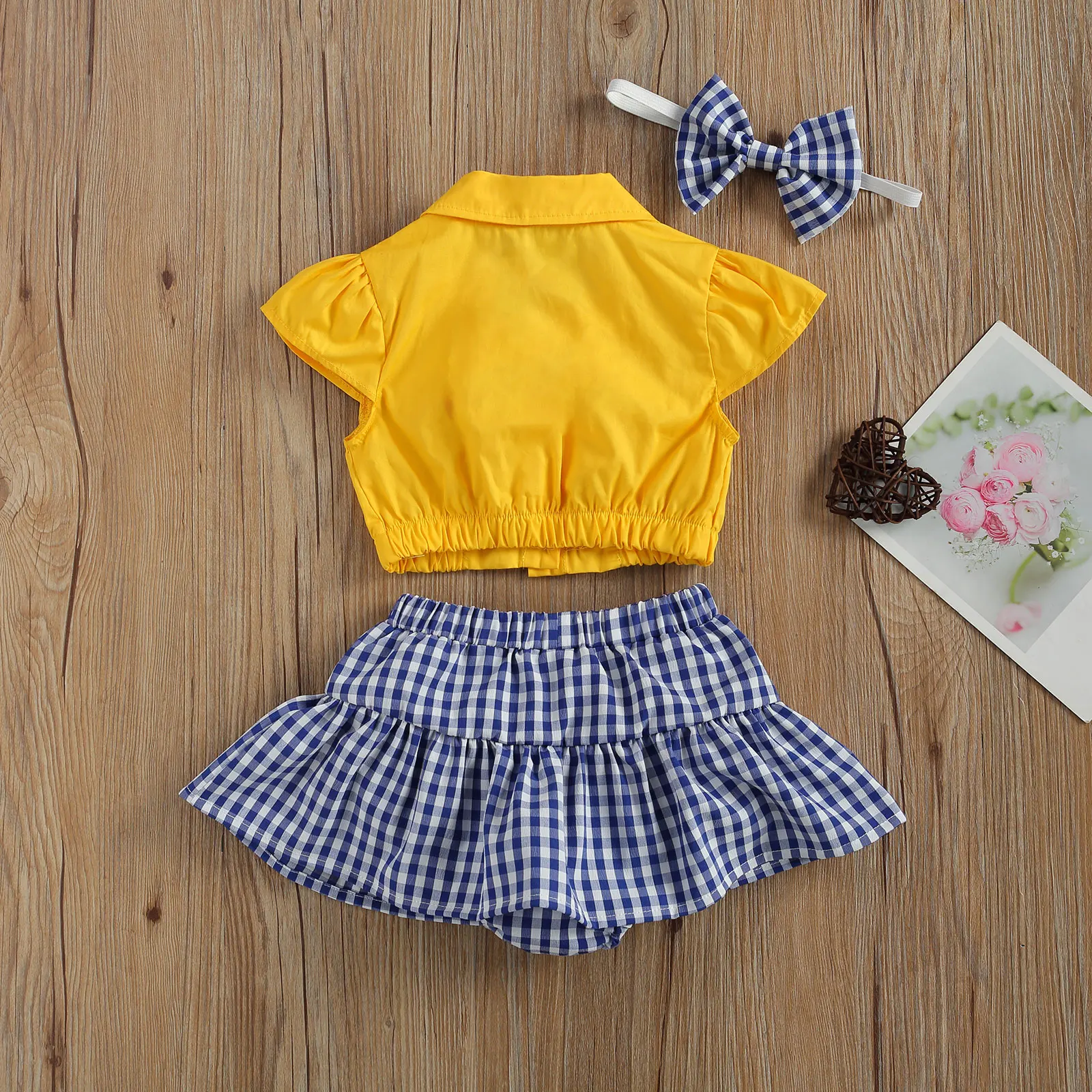 

Pudcoco 2021 Summer 0-24M Baby Girl 3Pcs Set Yellow Flared Short Sleeve Crop Top+Blue Plaid Skirt Shorts+Headband Infant Clothes