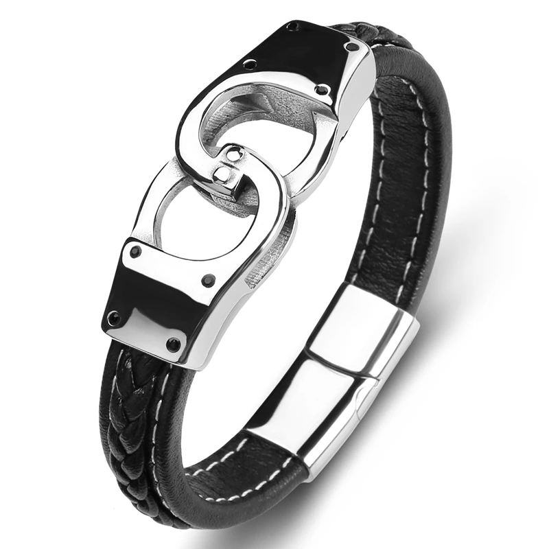 

Trendy Multicolor Leather Bracelet Men Punk Rock Jewelry Stainless Steel Handcuffs Bangle Male Wristband Gift for Boyfriend P117
