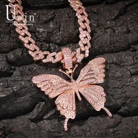 uwin iconic butterfly pendant 9mm rose gold cuban chain cubic charm pink tennis chain necklace men women hip hop jewelry gift