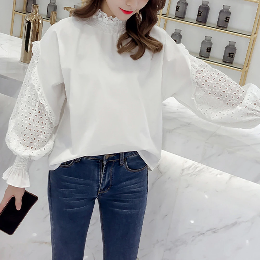 

Spring Autumn Women White Shirt Korean Ins Chic Flare Sleeve Female Blouse Tops Fashion New Stand Collar Hollow Out Blousa