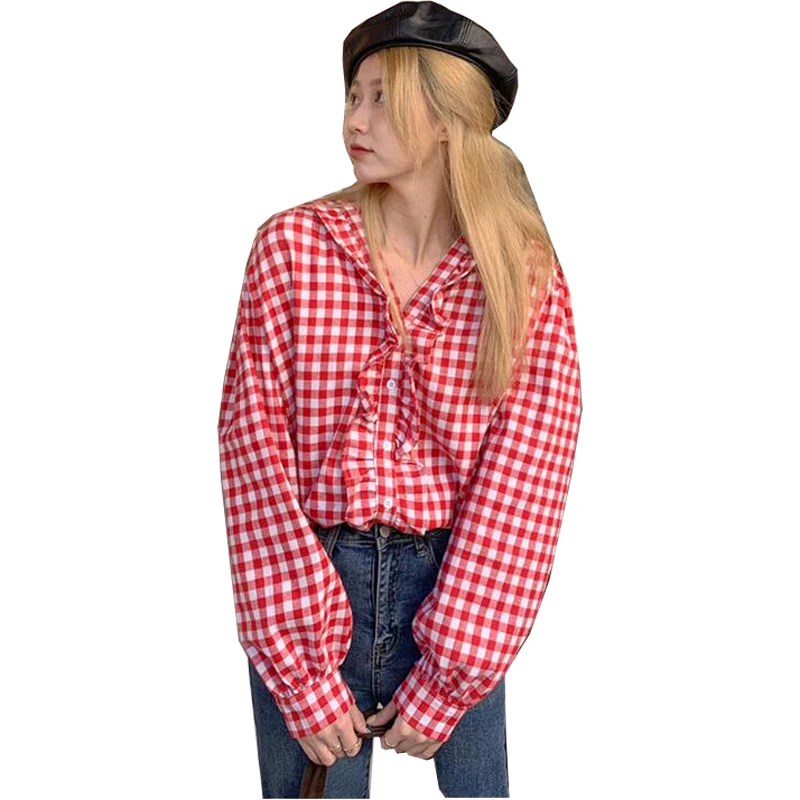 New 2021 Spring Summer Blouses Shirts Checkered Vintage Oversize Plaid Korean Style Office Lady Lace Wild Tops  CL835