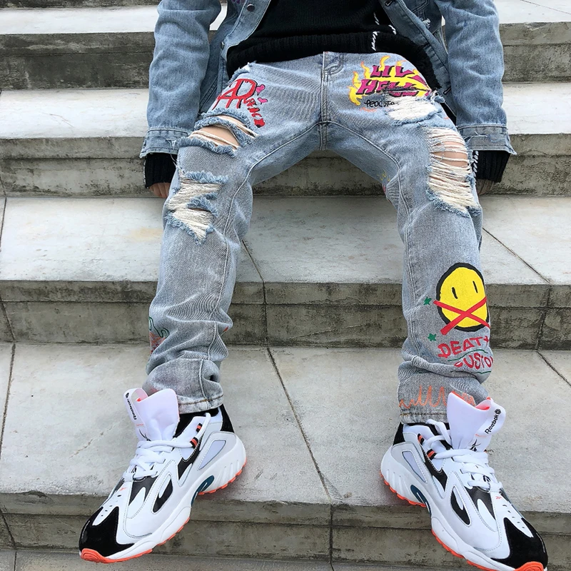 

Hole Flame Graffiti Painted Skinny Jeans Ripped for Men Straight Casual Large Size Hip Hop Trousers Winter Jeans Pants