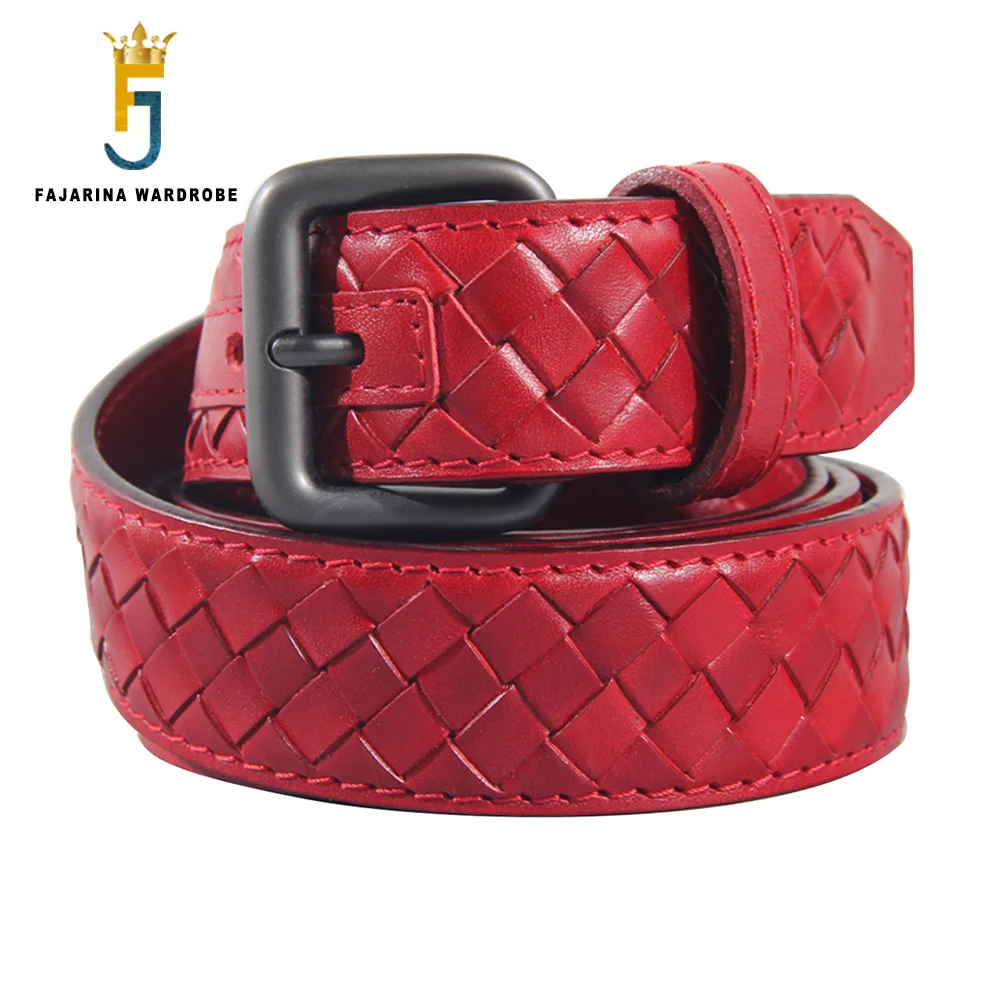 FAJARINA Unique Design Unisex Retro Personality Thickening Brass&Alloy Metal Pure Layer Red Cowhide Jeans Belt Leather N17FJ1030