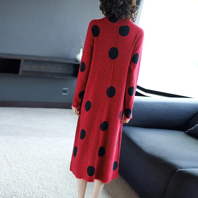 

New Korean Fashion 2019 Autumn Winter Long Sweater Dress Women Turtleneck Polka Dot Patterns Knitting Long Sleeve Jumper Dress
