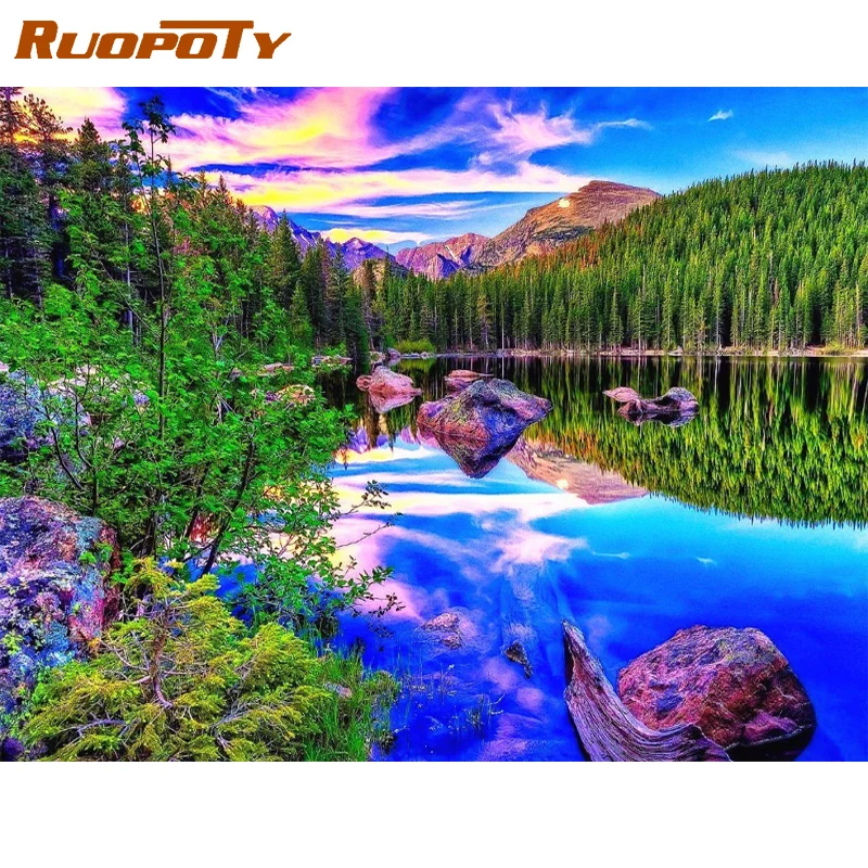 

RUOPOTY Frame Diy Paint By Numbers Kits Acrylic Wall Art Home Decors Modern Mountain Lake Coloring By Numbers For Diy Gift