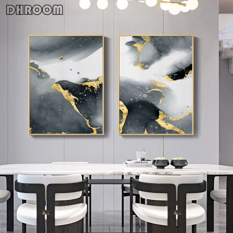 Современный абстрактный постер на холсте чернила золотая линия настенная
