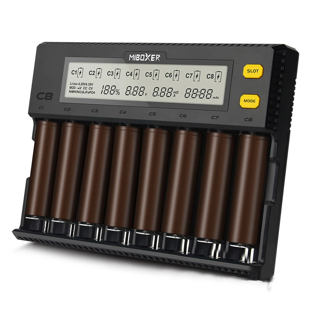 

Universal 1.5A 8 Bay LCD Battery Recharger Compatible with Li-ion LiFePO4 Ni-MH AA 21700 20700 26650 18350 17670 RCR123 18700