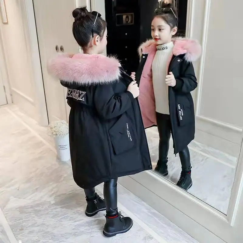 

Kids Thick Parka Big Fur Collar Hooded Long Coats Outerwear 4-14Y Fashion Children Winter Down Jacket Girl Warm Coats Clothing