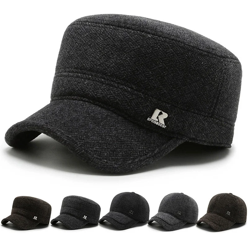 

Snapback Cap Winter Earmuffs Caps Men's Flat Cap Warm Army Military Hats For Men Adjustable Size Thick Woolen Tongue Cap Dad Hat