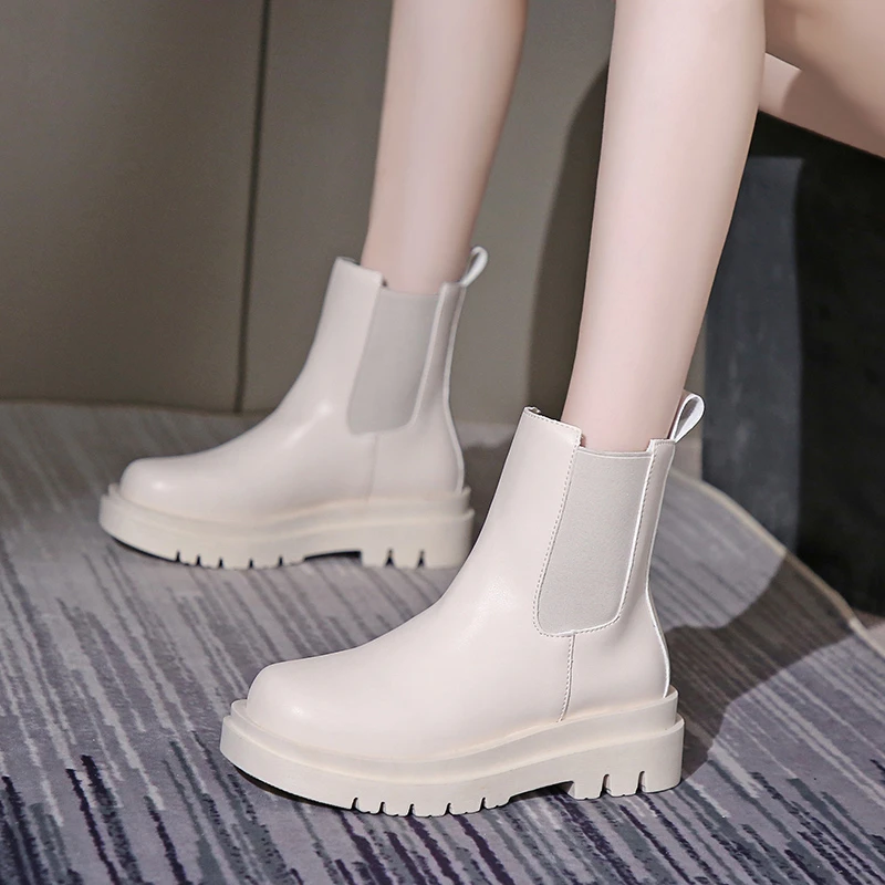 

2021 NEW Boots Women's Middle Pipe Mona The Same Pipe Lazy Muffin Boots Net Red England Thi Bottom Thi Heel Chelsea 35-40
