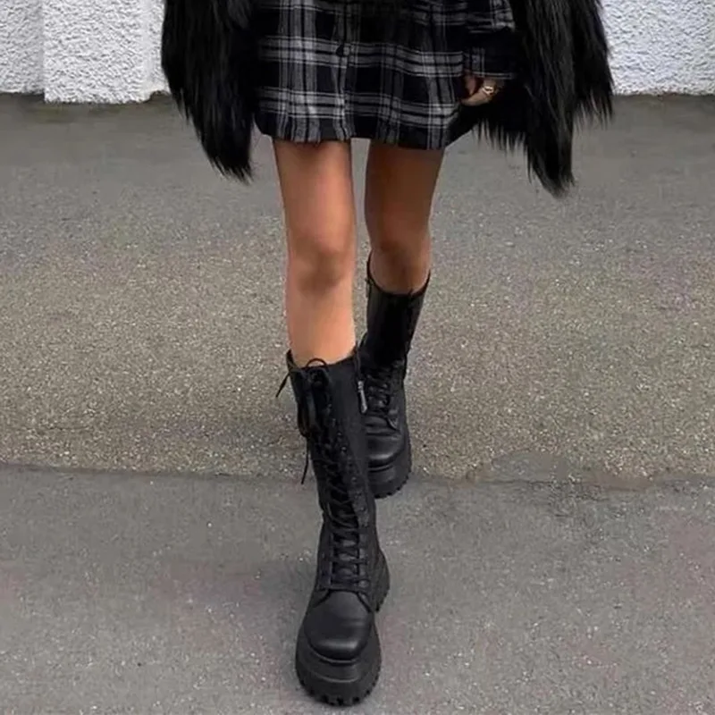 

Chunky Platform Pu Leather Knee High Boots Women Punk Increasing Long Woman Lace Up Booties Mujer 2021 Zip Chelsea