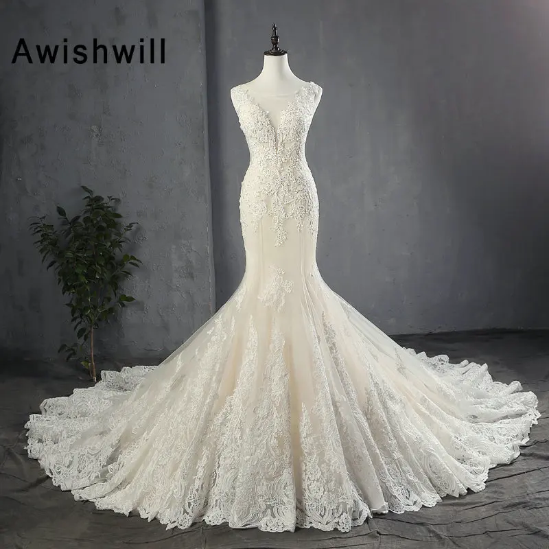 Женское свадебное платье Русалка кружевное цвета шампанского без рукавов с