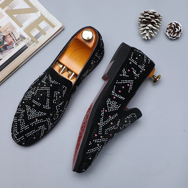 Элитный бренд ручной работы черные шипы Стразы Блеск мужские лоферы дымчатой