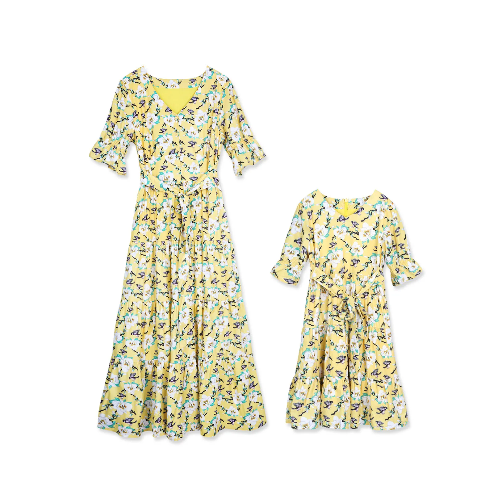 PatPat Stylish Floral Printed Long Sleeve Dress in Yellow for Mom and Me Spring Autumn Print Casual | Мать и ребенок